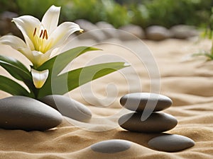 sand, lily and spa stones in zen garden - generated by ai