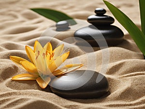 sand, lily and spa stones in zen garden - generated by ai