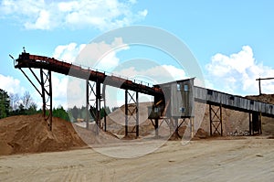 Sand making plant in mining quarry. Crushing factory with production line for crushing, grinding stone, sorting sand and bulk