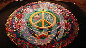 Sand mandala featuring peace sign commemorates International Day against Nuclear Tests. International Day Against