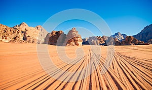 Sand mountain The Seven Pillars of Wisdom against the blue sky, Jordan, Wadi Rum desert