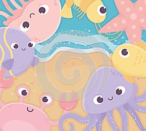 Sand octopus starfish fishes jellyfish life cartoon under the sea