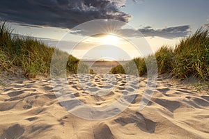 Sand path to North sea beach at sunset sunshine