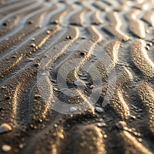 Sand patterns with a few scattered pebbles illuminated by low angle