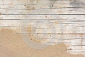 Sand on planked wood. Summer background with copy space. Top view