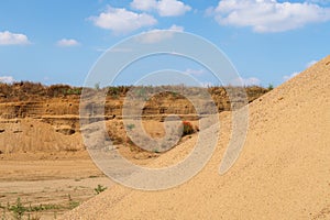 Sand quarry panorama landscape mound machinery working machinery extract extraction