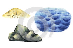 Sand rock and sea water elements set. Hand drawn watercolor illustration isolated on white background. Sea pebble stones