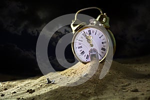 Sand running from a alarm clock in a fantasy desert at night,