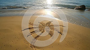 Sand-sculpted palm tree on a tranquil beach with the sun setting.