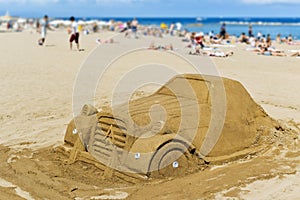 Sand sculpture at La Barceloneta Beach, in Barcelona, Spain photo