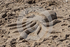 Sand sculpture of an octopus on the sea beach on a sunny day