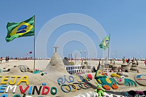 Sand sculpture in Rio de Janeiro with Brazilian flag