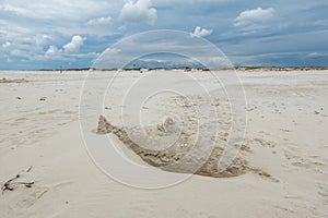 Sand sculpture of sawfish or shark on Kniepsand beach, Wittdun on Amrum island, North Frisia, Schleswig-Holstein, Germany