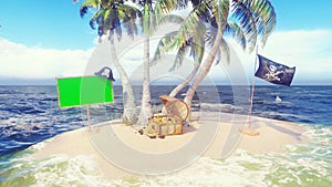 Sand, sea, sky, clouds, palm trees, sharks and summer day. Pirate island, a chest of gold, a wooden banner with a green