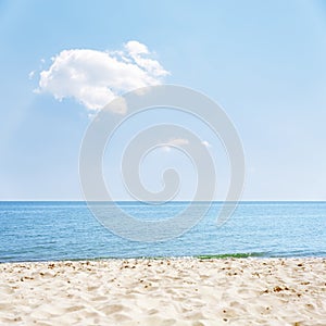 Sand and sea under cloud in blue sky
