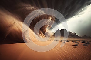 Sand storm in desert. A huge tornado hits the desert landscape with great force.