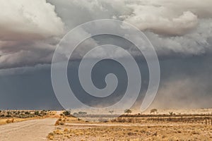 Sand storm in namibia desert, gravel road.