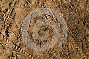 Sand texture with traces of shoes and tires