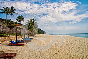 Sand tropic palms and sunbeds. Best Kuantan beach resorts. Luxury vacation at crystal clear waters and pristine beaches