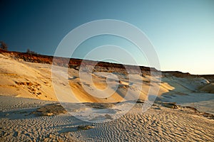 Sand waves in the desert. Bushes in the sand. Ukrainian nature.