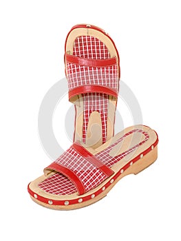 Sandals checkered red and white with wooden sole isolated on white