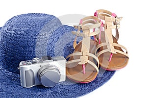 Sandals, Digital Camera and Straw Hat