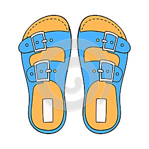 Sandals icon in cartoon style. Bare foot flippers for male and female. Blue and yellow color design for shoes store