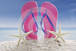 Sandals and starfish on beach