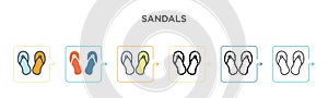 Sandals vector icon in 6 different modern styles. Black, two colored sandals icons designed in filled, outline, line and stroke