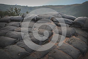 Sandbag for protecting the enemy from invading front line. Sandbag and bunker of the old military bunker base