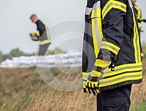 Sandbags Flood protection Fireman for the flood