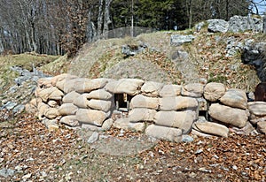 sandbags of the trench dug into the rock for the protection of s