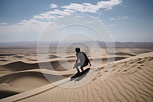 sandboarder shredding down dune, with view of the endless desert in the background