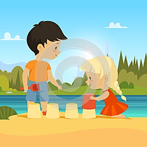 Sandbox. Kids playing in sandbox boy and girl outdoor. Vector background
