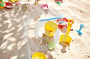 Sandbox outdoor. Children`s sandbox with various toys for the game