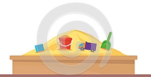 Sandbox with pile of sand and children toys in flat style. Sandpit with kids shovel, bucket and car on pile of yellow powder.