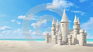 Sandcastle beach on bright sky. 3d rendering