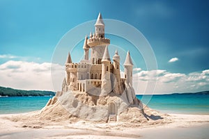Sandcastle beach on bright sky. 3d rendering Generative AI