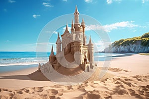 Sandcastle beach on bright sky. 3d rendering Generative AI
