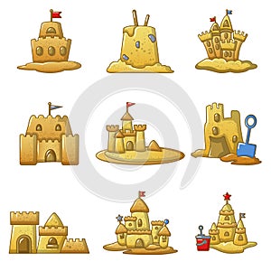 Sandcastle beach icons set, cartoon style