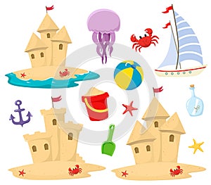 Sandcastle beach icons set  with decorative elements in cartoon style.Marine theme. Vector isolates on a white background.
