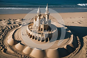 A sandcastle decorated with colorful seashells