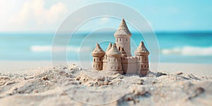 Sandcastle with multiple towers on sandy beach, ocean waves in background. Summer vacation activity for kids, beach fun