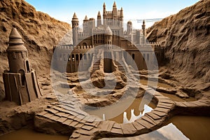 sandcastle surrounded by moats and sand bridges