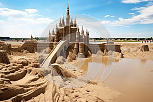 sandcastle surrounded by moats and sand bridges