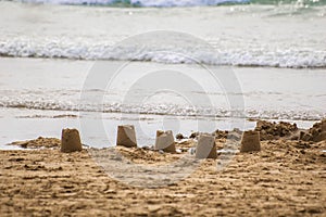 Sandcastles on Woolacombe beach in Devon, England