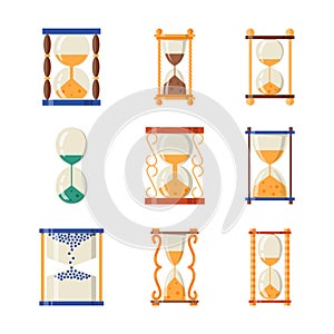 Sandglass icon time flat design history second old object and sand clock hourglass timer hour minute watch countdown