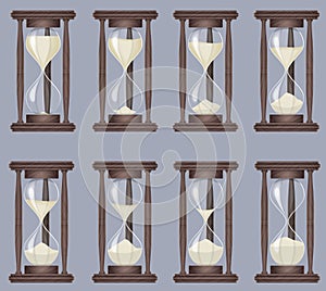 Sandglass icons animation set. Time hourglass, realistic sandclock process timer.
