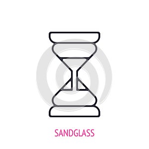 Sandglass outline icon. Vector illustration. Glass timer with sand for timing. Symbols of scientific research and education.