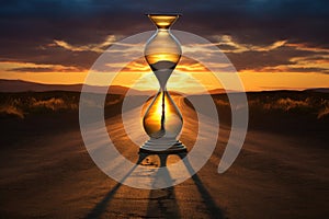 sandglass standing on an empty, winding road during a sunrise